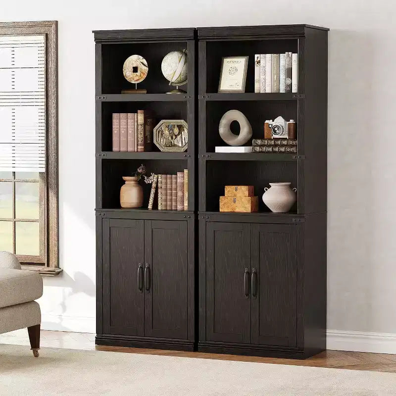 Farmhouse Bookcases with Doors, 5 Tier Bookshelf with Storage, Wooden Storage Cabinet