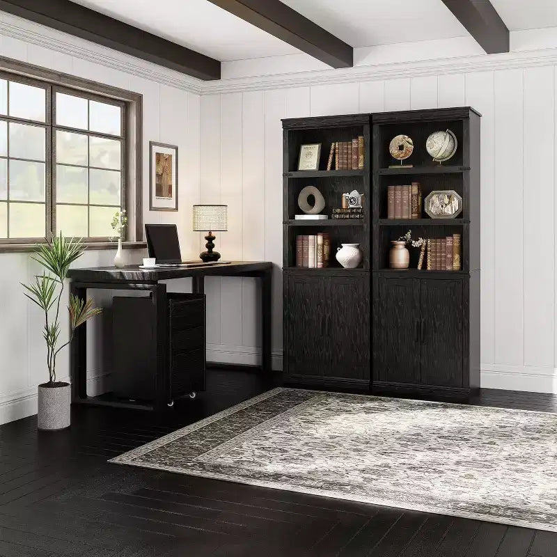Farmhouse Bookcases with Doors, 5 Tier Bookshelf with Storage, Wooden Storage Cabinet