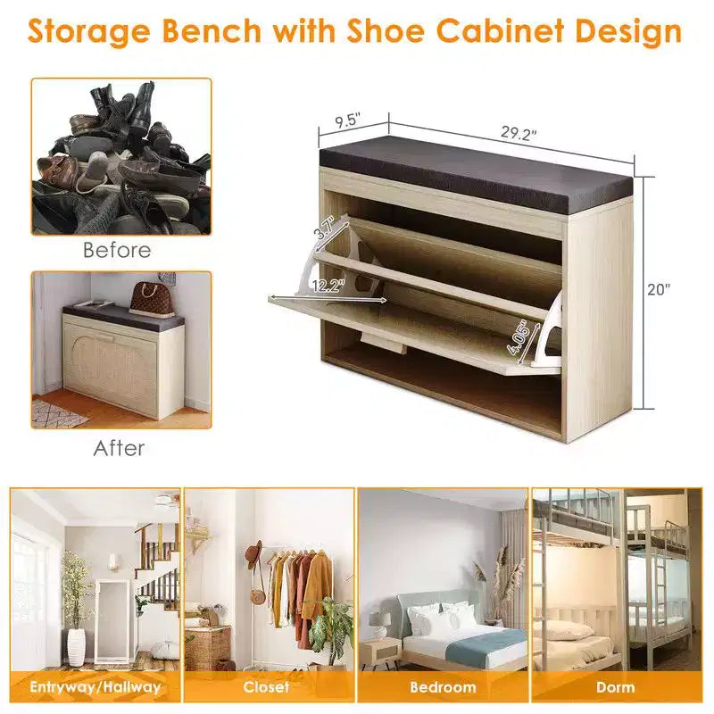 | Real Rattan Upholstered Storage Bench