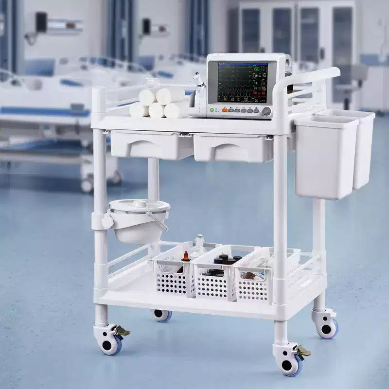 2 Tiers Lab Carts, Lab Utility Cart with 2 Trays, 2 Drawers & 4 Silent Wheels, Mobile Medical Cart with PP Material, Lab Rolling Cart