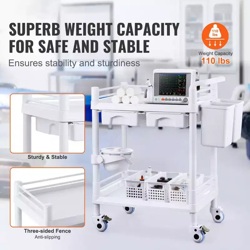 2 Tiers Lab Carts, Lab Utility Cart with 2 Trays, 2 Drawers & 4 Silent Wheels, Mobile Medical Cart with PP Material, Lab Rolling Cart