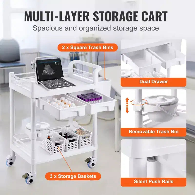 2 Tiers Lab Carts, Lab Utility Cart with 2 Trays, 2 Drawers & 4 Silent Wheels, Mobile Medical Cart with PP Material, Lab Rolling Cart