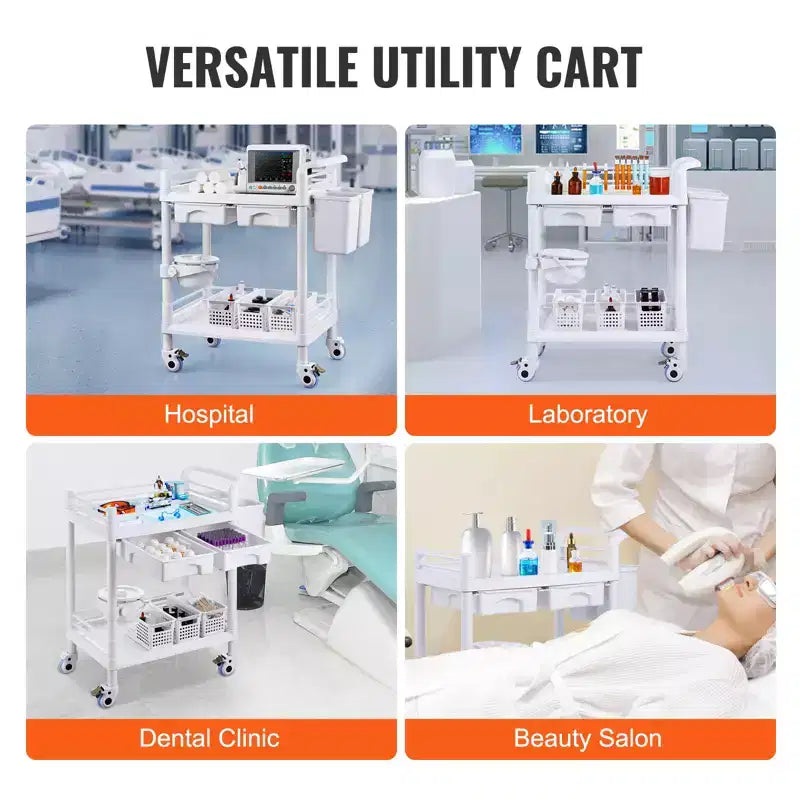 2 Tiers Lab Carts, Lab Utility Cart with 2 Trays, 2 Drawers & 4 Silent Wheels, Mobile Medical Cart with PP Material, Lab Rolling Cart