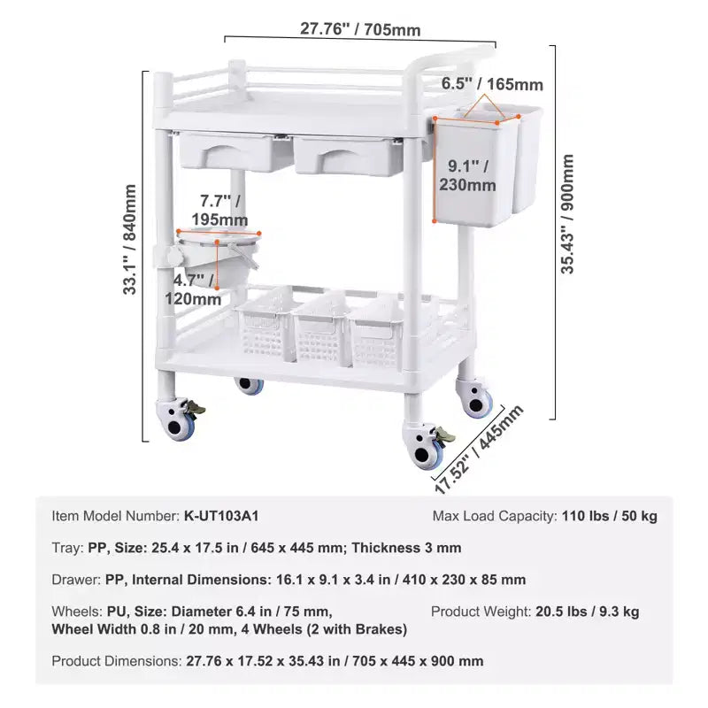 2 Tiers Lab Carts, Lab Utility Cart with 2 Trays, 2 Drawers & 4 Silent Wheels, Mobile Medical Cart with PP Material, Lab Rolling Cart