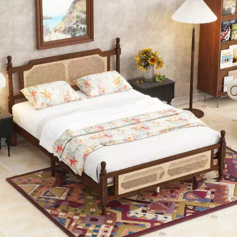 Queen/King Platform Bed with Rattan Headboard and Footboard, Pine Wood with Central Enhanced Leg, Espresso/Walnut