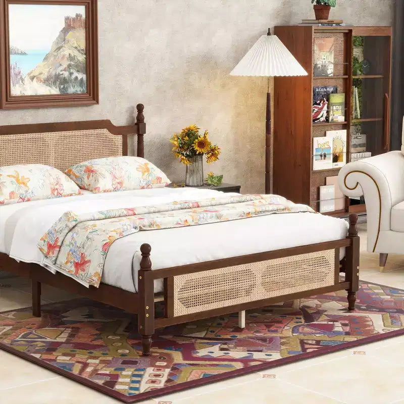 Queen/King Platform Bed with Rattan Headboard and Footboard, Pine Wood with Central Enhanced Leg, Espresso/Walnut