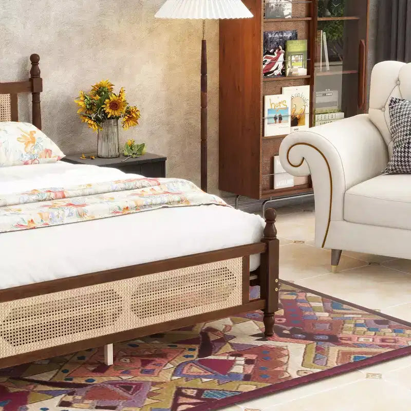 Queen/King Platform Bed with Rattan Headboard and Footboard, Pine Wood with Central Enhanced Leg, Espresso/Walnut