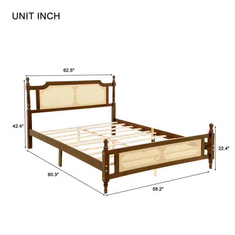 Queen/King Platform Bed with Rattan Headboard and Footboard, Pine Wood with Central Enhanced Leg, Espresso/Walnut