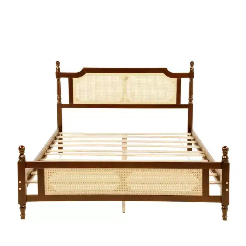 Queen/King Platform Bed with Rattan Headboard and Footboard, Pine Wood with Central Enhanced Leg, Espresso/Walnut