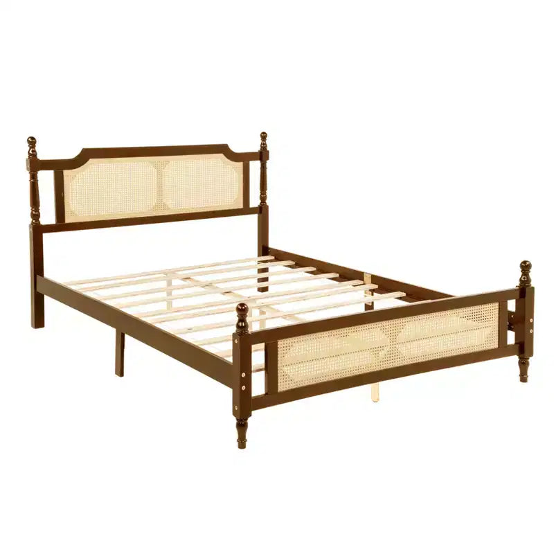 Queen/King Platform Bed with Rattan Headboard and Footboard, Pine Wood with Central Enhanced Leg, Espresso/Walnut