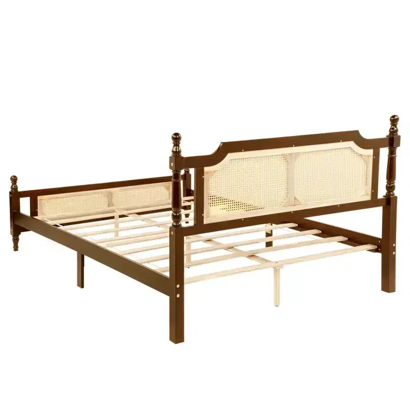 Queen/King Platform Bed with Rattan Headboard and Footboard, Pine Wood with Central Enhanced Leg, Espresso/Walnut