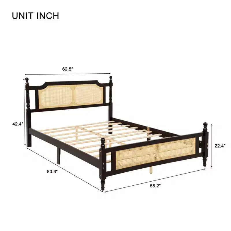 Queen/King Platform Bed with Rattan Headboard and Footboard, Pine Wood with Central Enhanced Leg, Espresso/Walnut