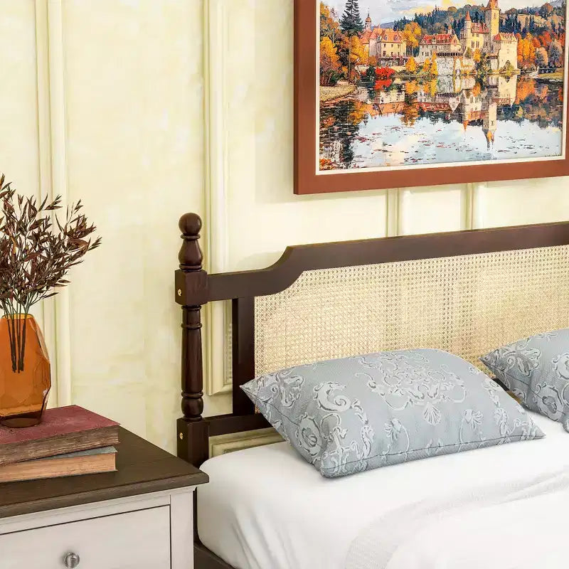 Queen/King Platform Bed with Rattan Headboard and Footboard, Pine Wood with Central Enhanced Leg, Espresso/Walnut