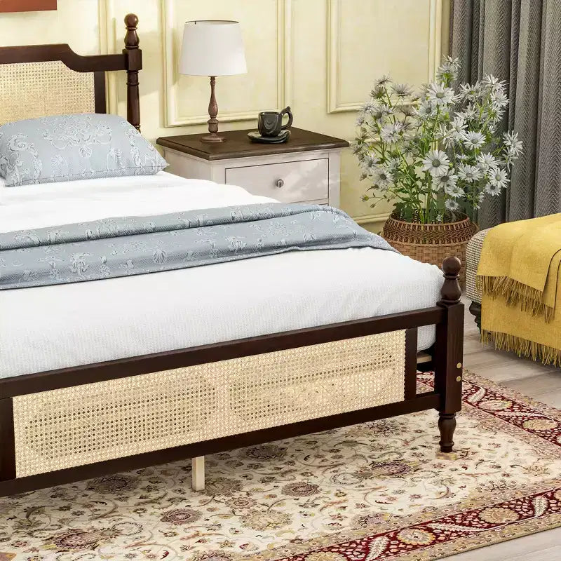 Queen/King Platform Bed with Rattan Headboard and Footboard, Pine Wood with Central Enhanced Leg, Espresso/Walnut