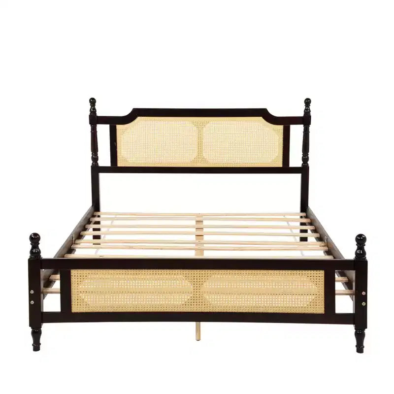 Queen/King Platform Bed with Rattan Headboard and Footboard, Pine Wood with Central Enhanced Leg, Espresso/Walnut