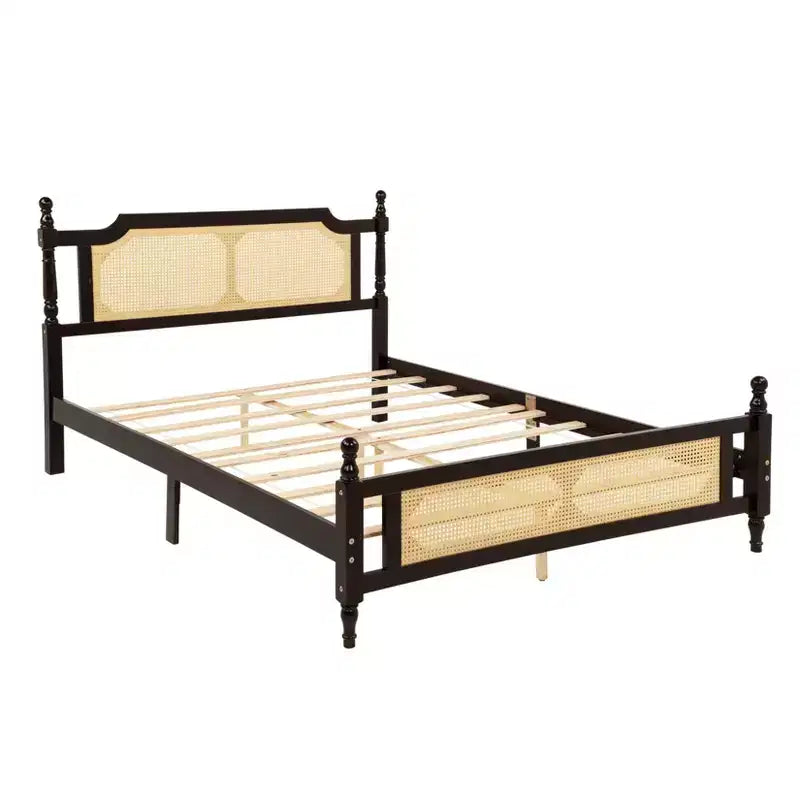 Queen/King Platform Bed with Rattan Headboard and Footboard, Pine Wood with Central Enhanced Leg, Espresso/Walnut