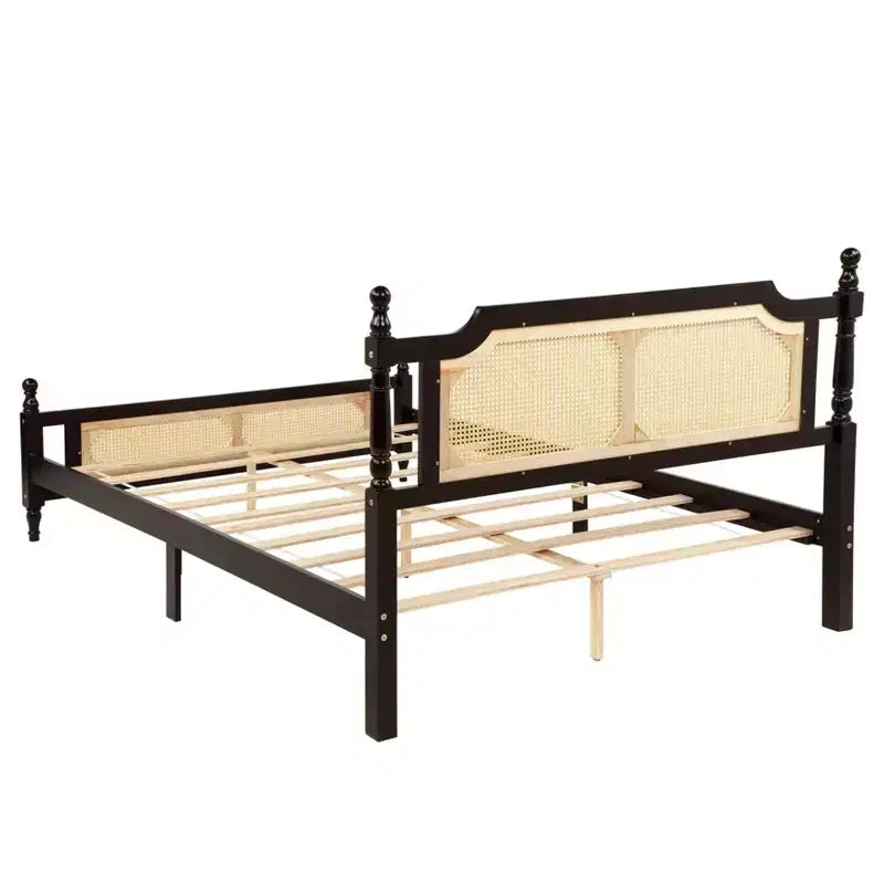 Queen/King Platform Bed with Rattan Headboard and Footboard, Pine Wood with Central Enhanced Leg, Espresso/Walnut