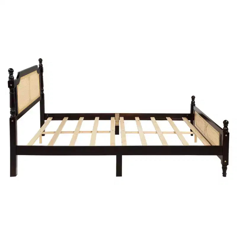 Queen/King Platform Bed with Rattan Headboard and Footboard, Pine Wood with Central Enhanced Leg, Espresso/Walnut