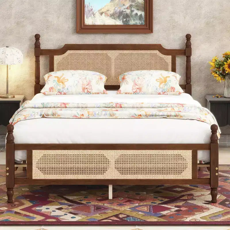 Queen/King Platform Bed with Rattan Headboard and Footboard, Pine Wood with Central Enhanced Leg, Espresso/Walnut