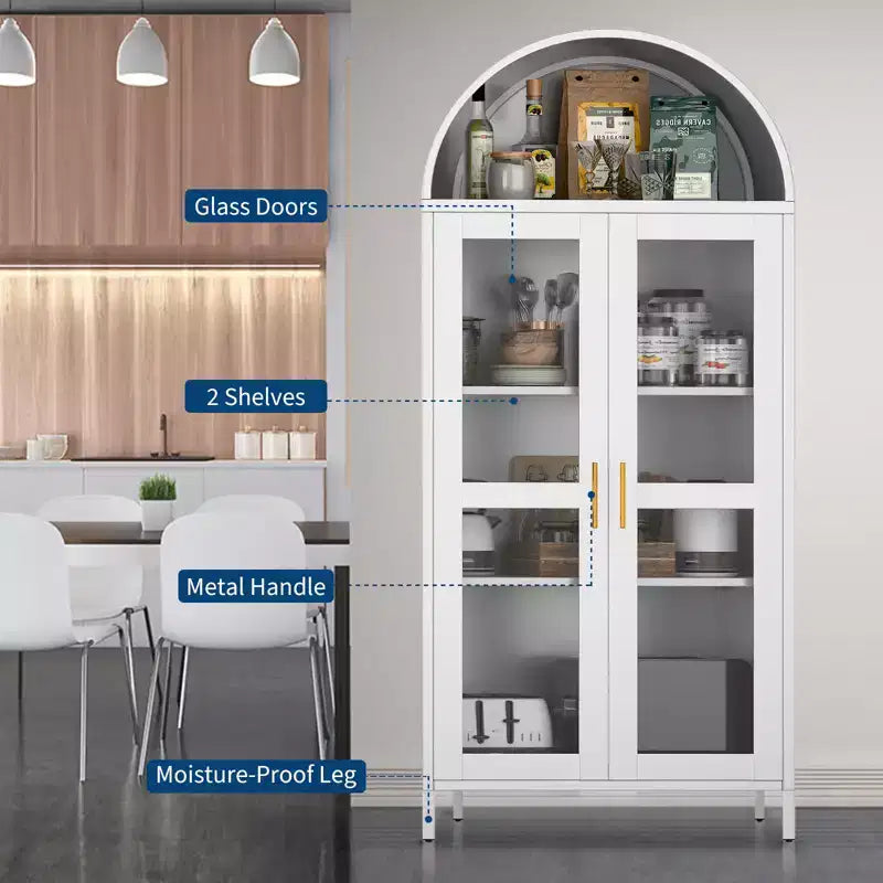 73 Tall Arched Pantry Cabinet,Versatile Cupboard with Glass Door, 2 Adjustable Shelves & Drawers,Modern Farmhouse Arched Bookcase