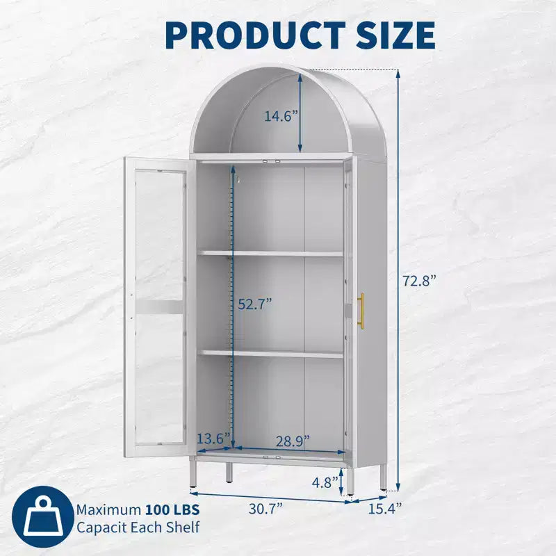 73 Tall Arched Pantry Cabinet,Versatile Cupboard with Glass Door, 2 Adjustable Shelves & Drawers,Modern Farmhouse Arched Bookcase