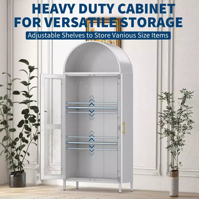 73 Tall Arched Pantry Cabinet,Versatile Cupboard with Glass Door, 2 Adjustable Shelves & Drawers,Modern Farmhouse Arched Bookcase