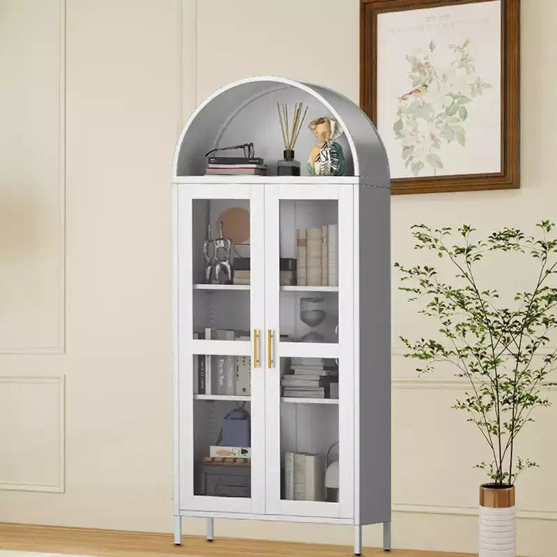 73 Tall Arched Pantry Cabinet,Versatile Cupboard with Glass Door, 2 Adjustable Shelves & Drawers,Modern Farmhouse Arched Bookcase