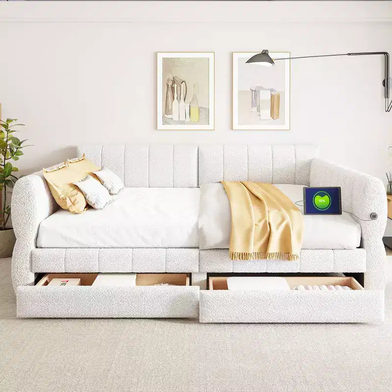 Queen Size Platform Bed, Upholstered Storage Bed Frame with USB Ports and 2 Drawers/Trundle