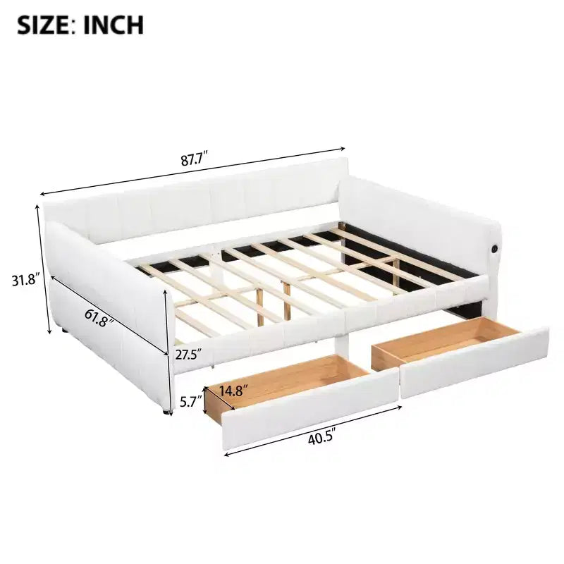 Queen Size Platform Bed, Upholstered Storage Bed Frame with USB Ports and 2 Drawers/Trundle