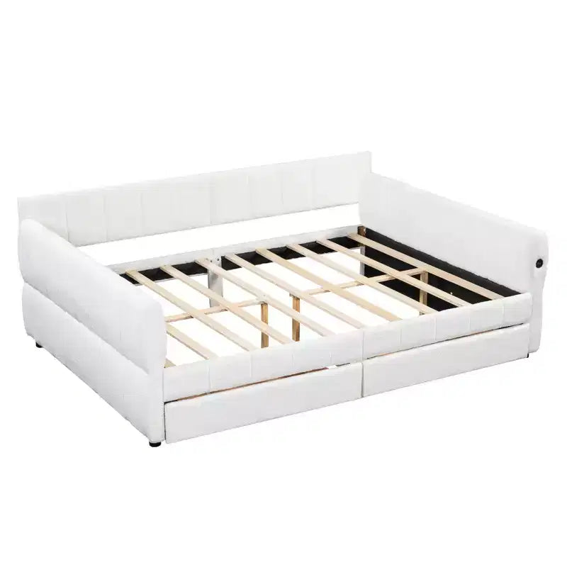Queen Size Platform Bed, Upholstered Storage Bed Frame with USB Ports and 2 Drawers/Trundle