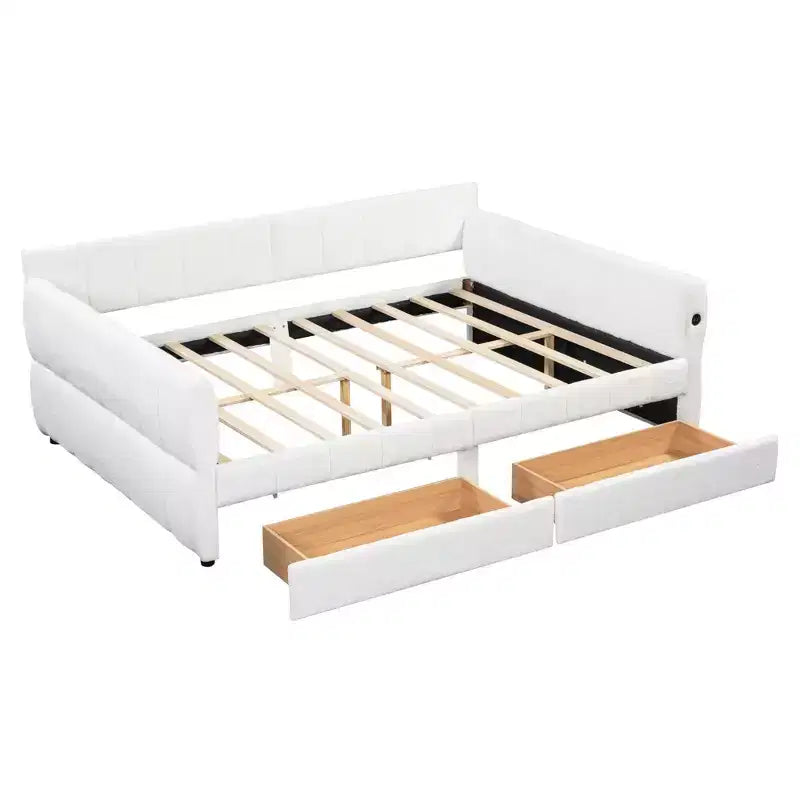 Queen Size Platform Bed, Upholstered Storage Bed Frame with USB Ports and 2 Drawers/Trundle