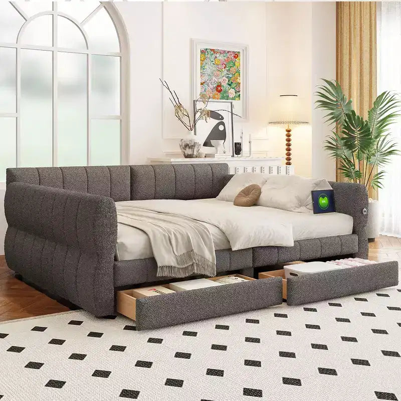 Queen Size Platform Bed, Upholstered Storage Bed Frame with USB Ports and 2 Drawers/Trundle
