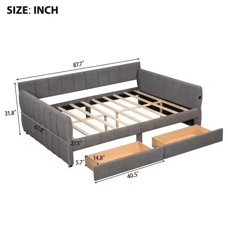 Queen Size Platform Bed, Upholstered Storage Bed Frame with USB Ports and 2 Drawers/Trundle