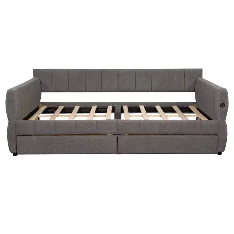 Queen Size Platform Bed, Upholstered Storage Bed Frame with USB Ports and 2 Drawers/Trundle