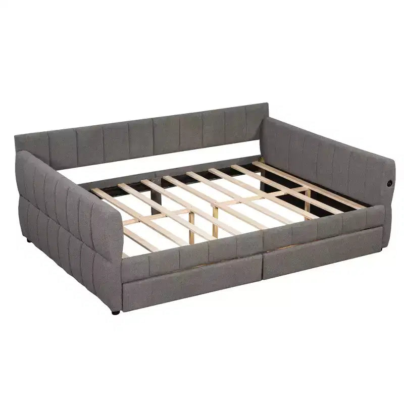 Queen Size Platform Bed, Upholstered Storage Bed Frame with USB Ports and 2 Drawers/Trundle