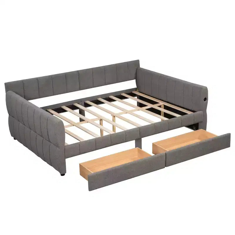 Queen Size Platform Bed, Upholstered Storage Bed Frame with USB Ports and 2 Drawers/Trundle