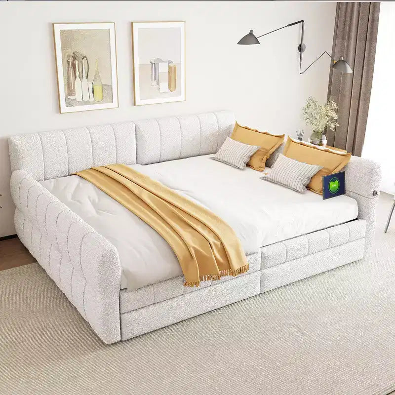 Queen Size Platform Bed, Upholstered Storage Bed Frame with USB Ports and 2 Drawers/Trundle