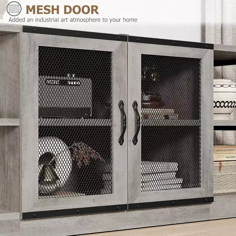 Rustic Grey Entertainment Center, 63-Inch TV Stand with Storage Cabinet and Mesh Doors for Living Room & Bedroom