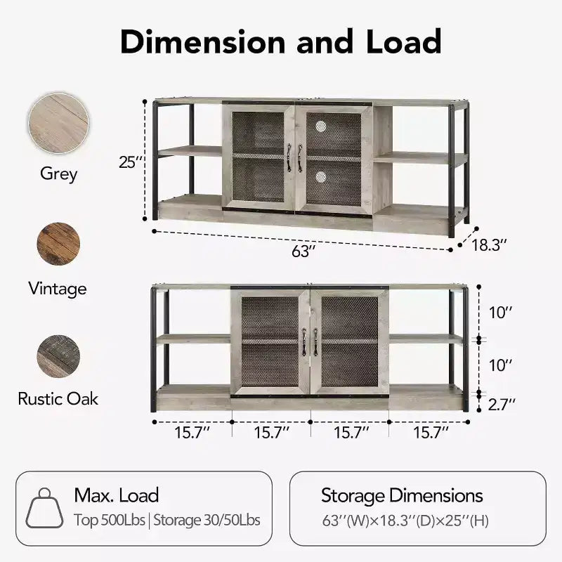 Rustic Grey Entertainment Center, 63-Inch TV Stand with Storage Cabinet and Mesh Doors for Living Room & Bedroom