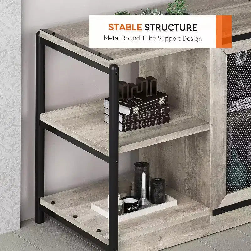 Rustic Grey Entertainment Center, 63-Inch TV Stand with Storage Cabinet and Mesh Doors for Living Room & Bedroom