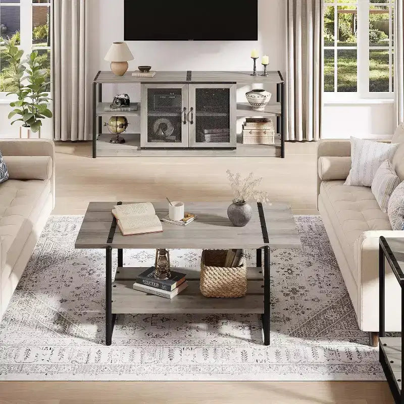 Rustic Grey Entertainment Center, 63-Inch TV Stand with Storage Cabinet and Mesh Doors for Living Room & Bedroom