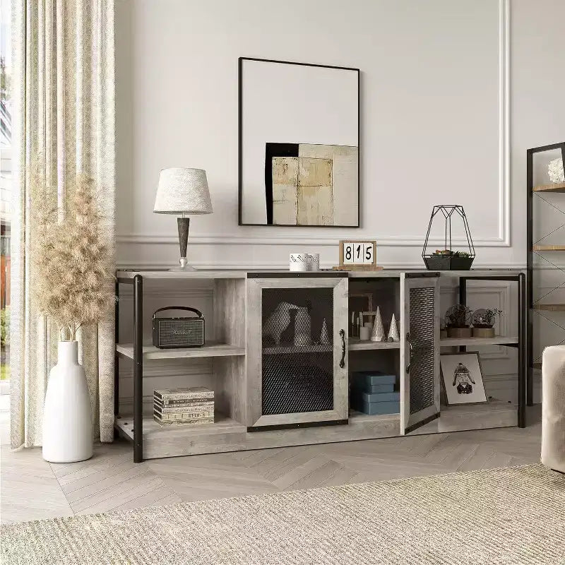 Rustic Grey Entertainment Center, 63-Inch TV Stand with Storage Cabinet and Mesh Doors for Living Room & Bedroom
