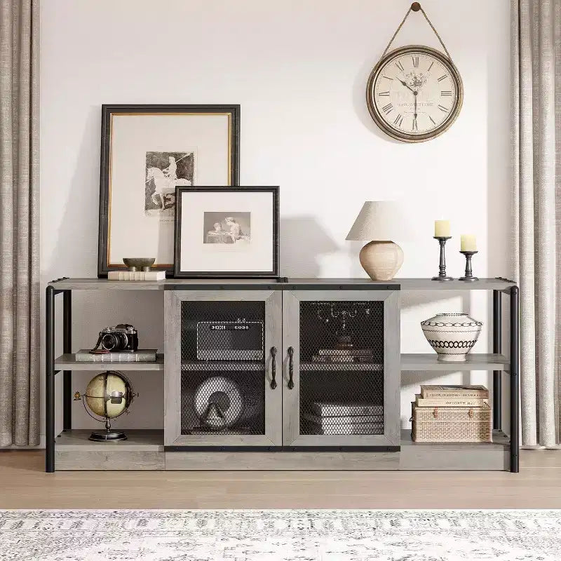 Rustic Grey Entertainment Center, 63-Inch TV Stand with Storage Cabinet and Mesh Doors for Living Room & Bedroom