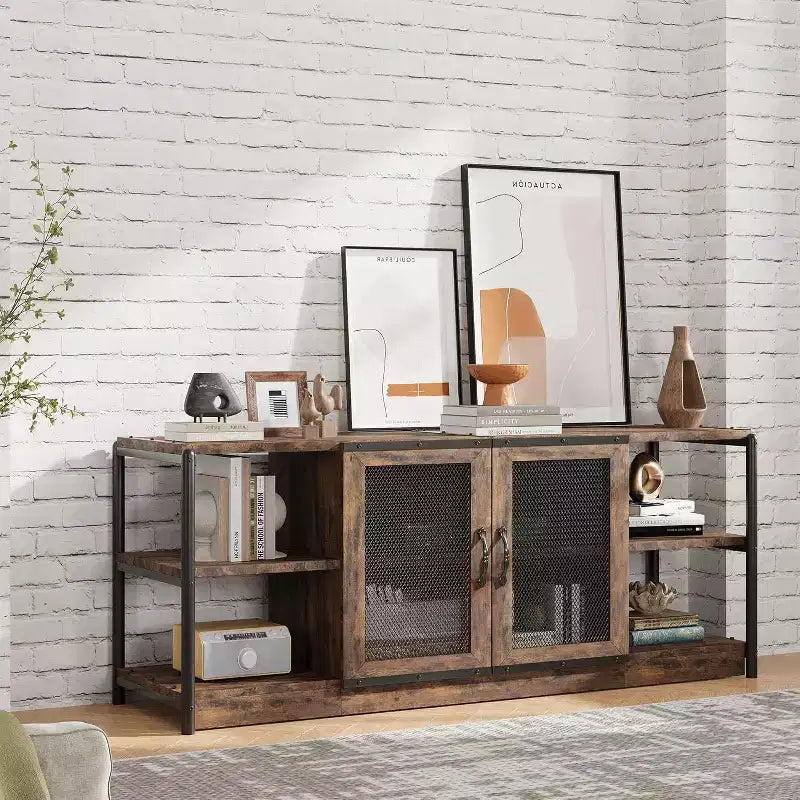 Rustic Grey Entertainment Center, 63-Inch TV Stand with Storage Cabinet and Mesh Doors for Living Room & Bedroom