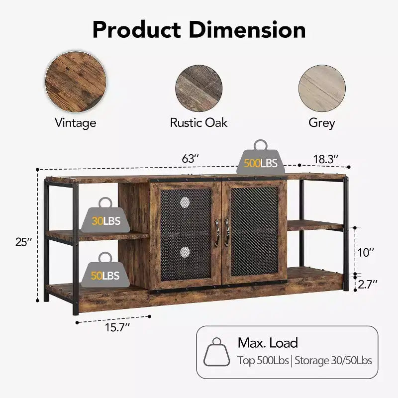 Rustic Grey Entertainment Center, 63-Inch TV Stand with Storage Cabinet and Mesh Doors for Living Room & Bedroom