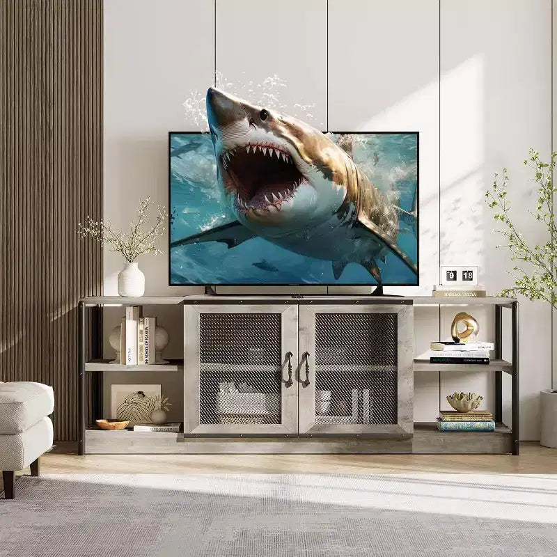 Rustic Grey Entertainment Center, 63-Inch TV Stand with Storage Cabinet and Mesh Doors for Living Room & Bedroom