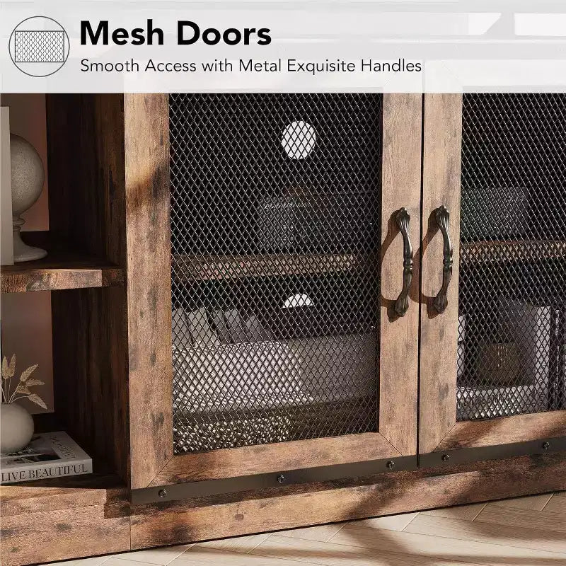 Rustic Grey Entertainment Center, 63-Inch TV Stand with Storage Cabinet and Mesh Doors for Living Room & Bedroom