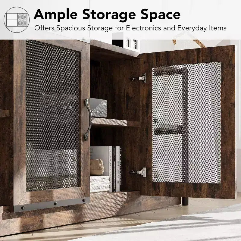 Rustic Grey Entertainment Center, 63-Inch TV Stand with Storage Cabinet and Mesh Doors for Living Room & Bedroom