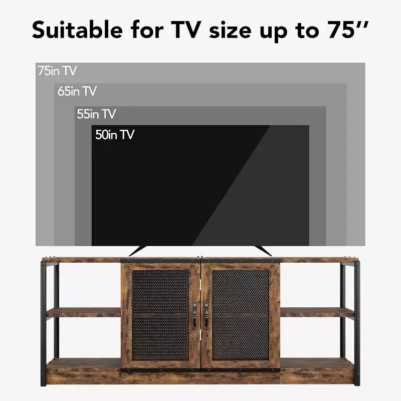 Rustic Grey Entertainment Center, 63-Inch TV Stand with Storage Cabinet and Mesh Doors for Living Room & Bedroom