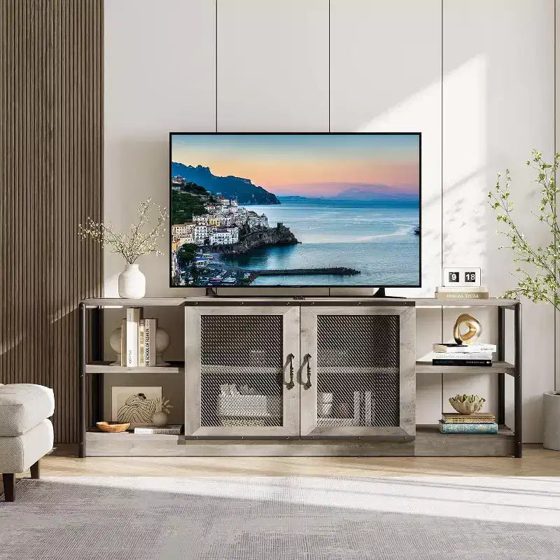 Rustic Grey Entertainment Center, 63-Inch TV Stand with Storage Cabinet and Mesh Doors for Living Room & Bedroom